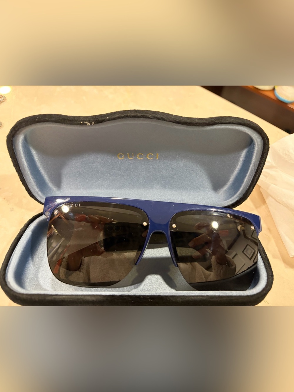 Gucci Navy Blue Square Sunglasses with Dark Lenses